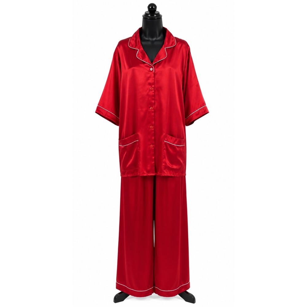 Hannah & Toni Womens Short Sleeve‎ Pajama Top Pant Set Size 2XL Red Satin